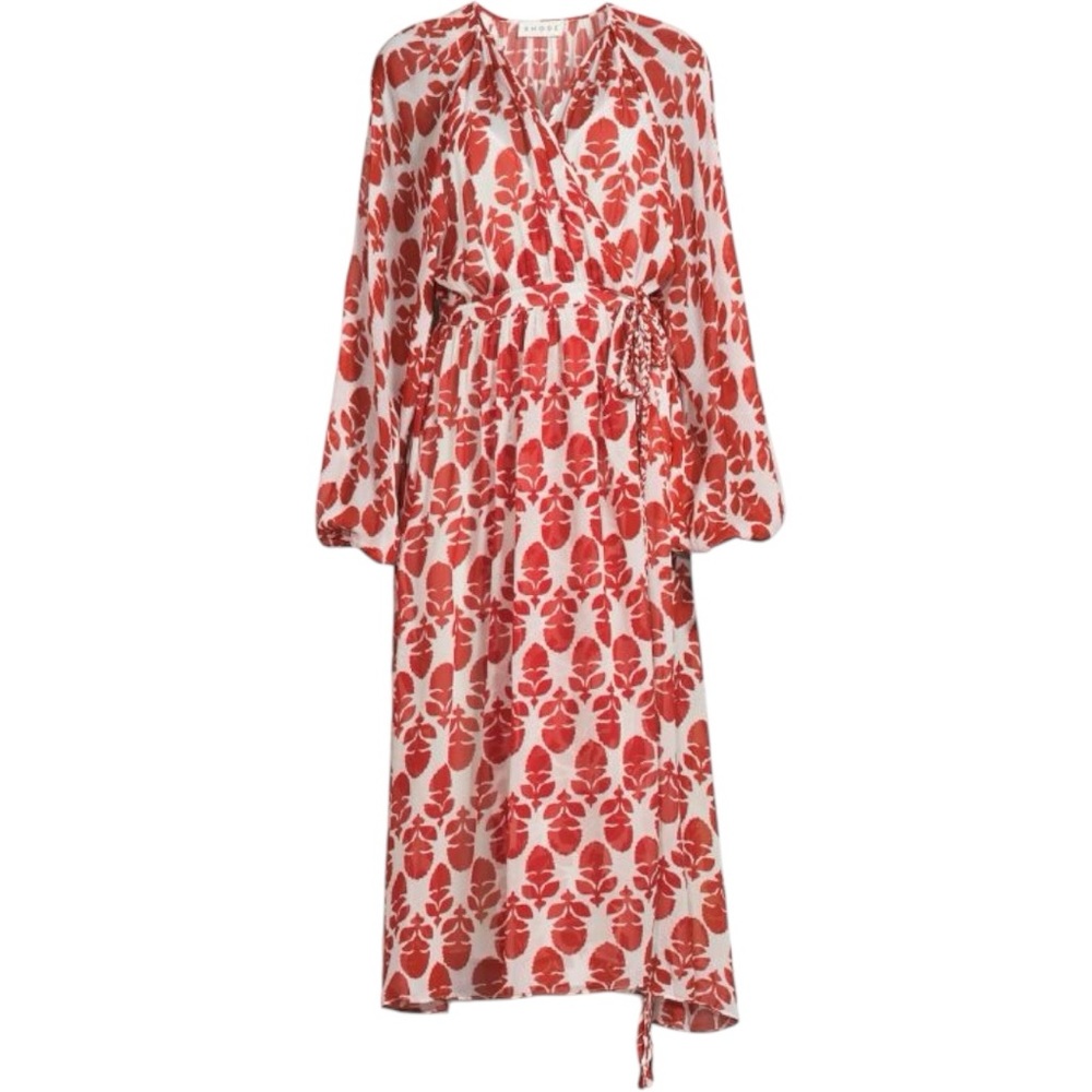 New RHODE Lia Thistle Medium Aura Wrap Midi Dress Red White Floral Print